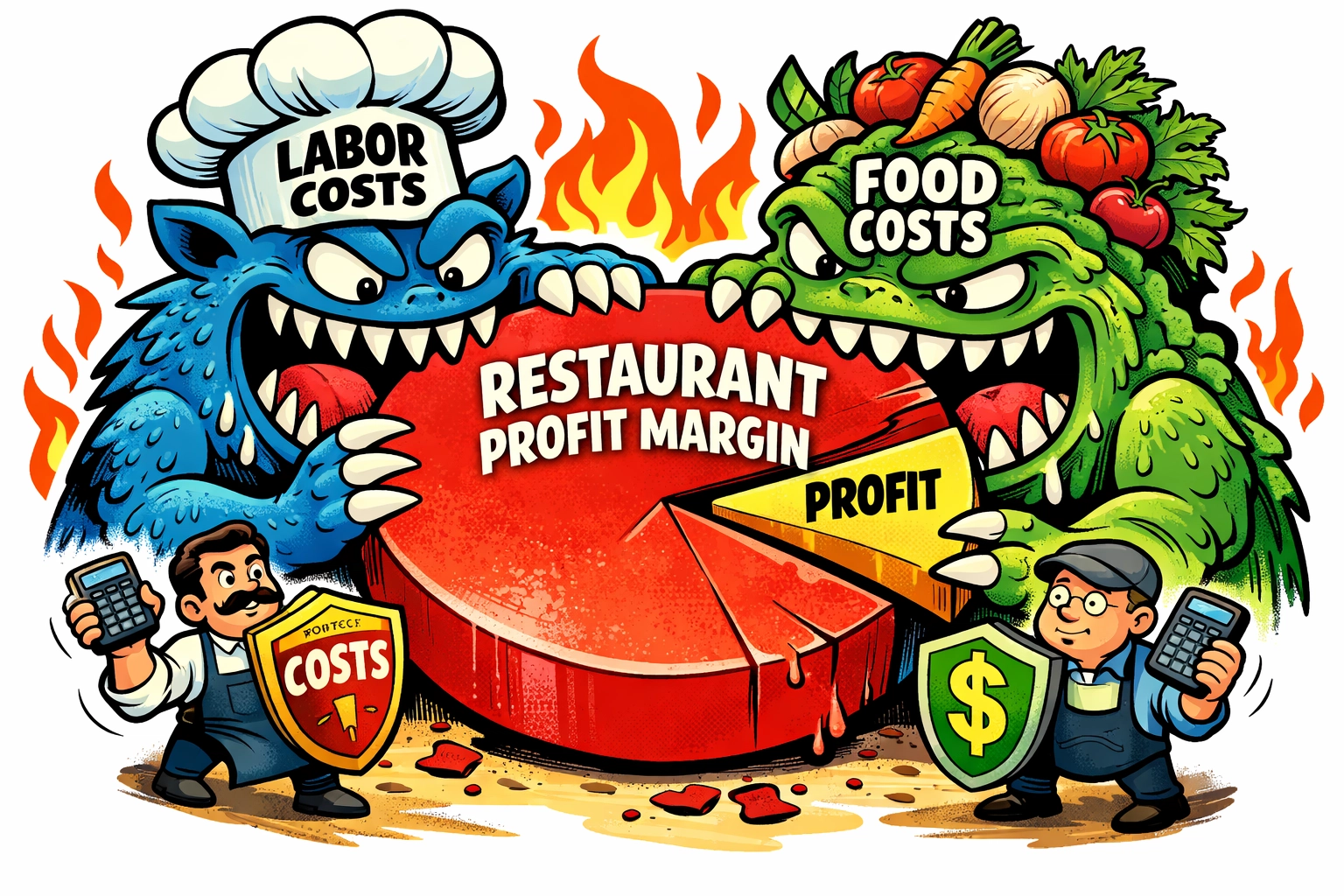 Restaurant profit margins being consumed by rising labor costs and food costs illustrated as monsters
