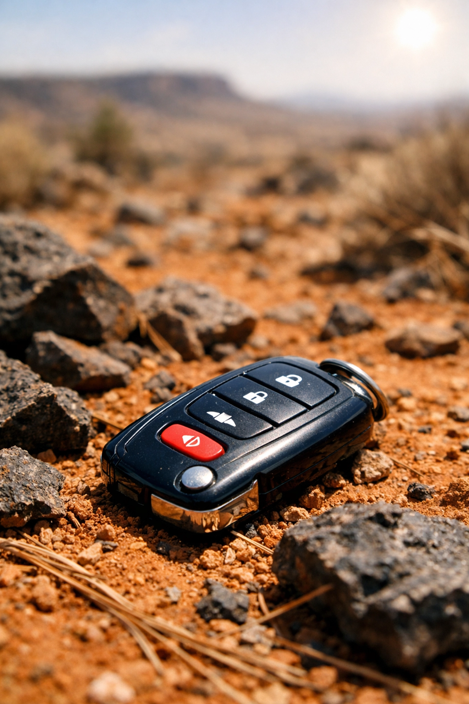 A car key in the high desert dirt, contrasting plastic rich status with sustainable, self sufficient living ideas.