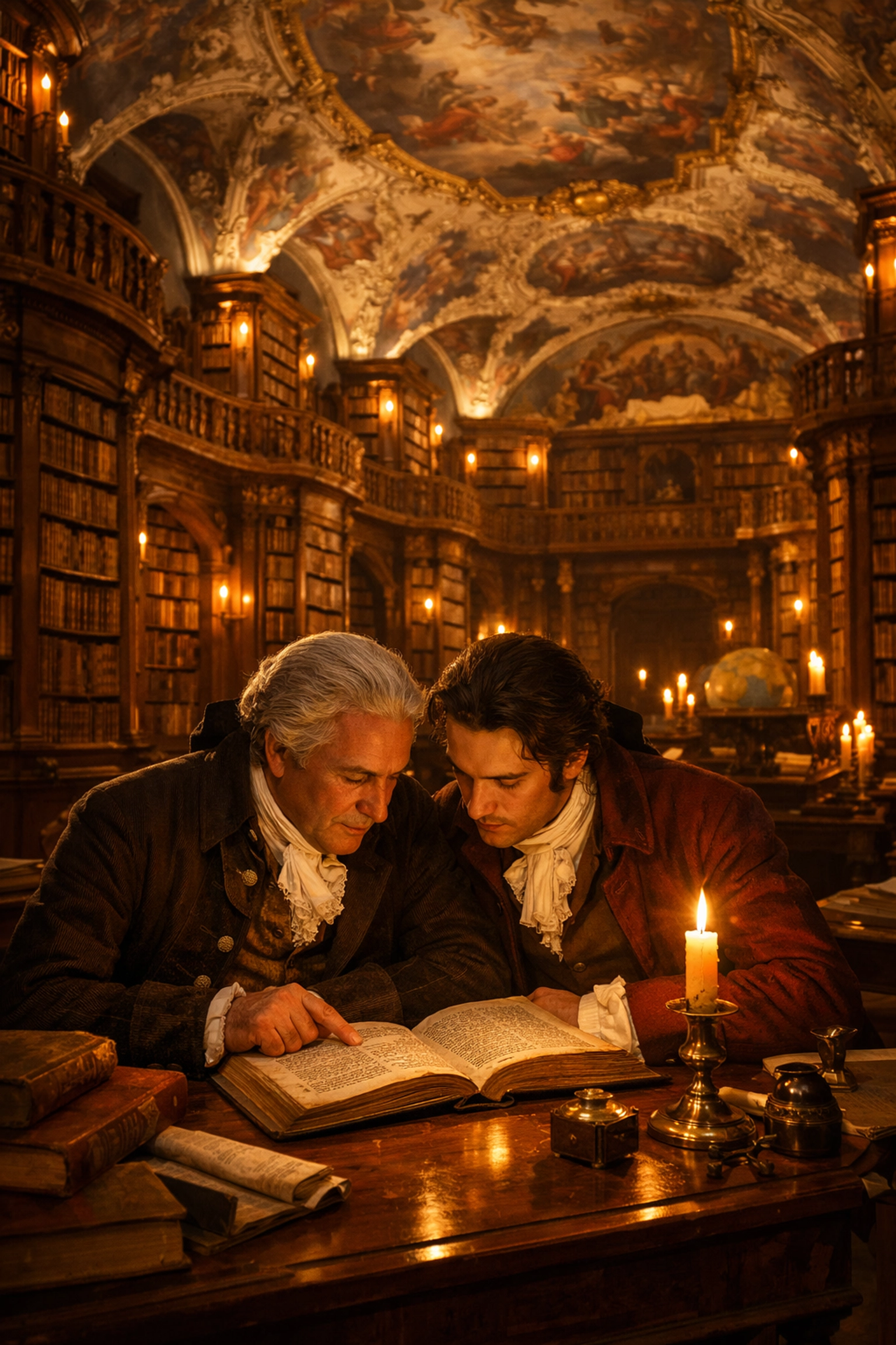 Two male scholars studying intimately at St. Gallen Abbey library in gay historical romance setting