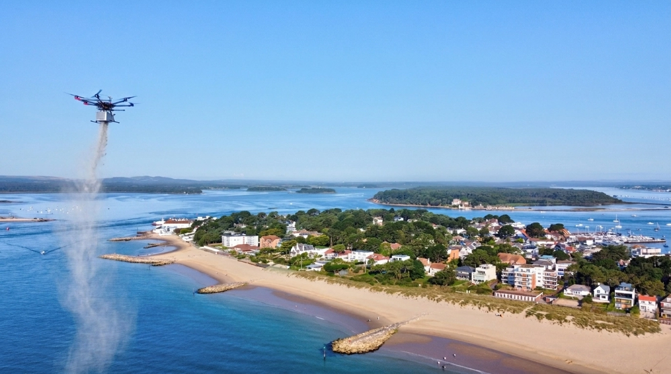 A wide, serene landscape of Hayle Towans in Cornwall. Vast, rolling sand dunes covered in marram grass leading down to a turquoise ocean in St. Ives Bay. In the distance, the iconic white Godrevy Lighthouse sits on its island. The sky is a soft blue with light wispy clouds. A high-tech, professional drone is positioned high in the air, captured in a moment of a peaceful ash scattering ceremony. The overall mood is dignified, serene, and meaningful.