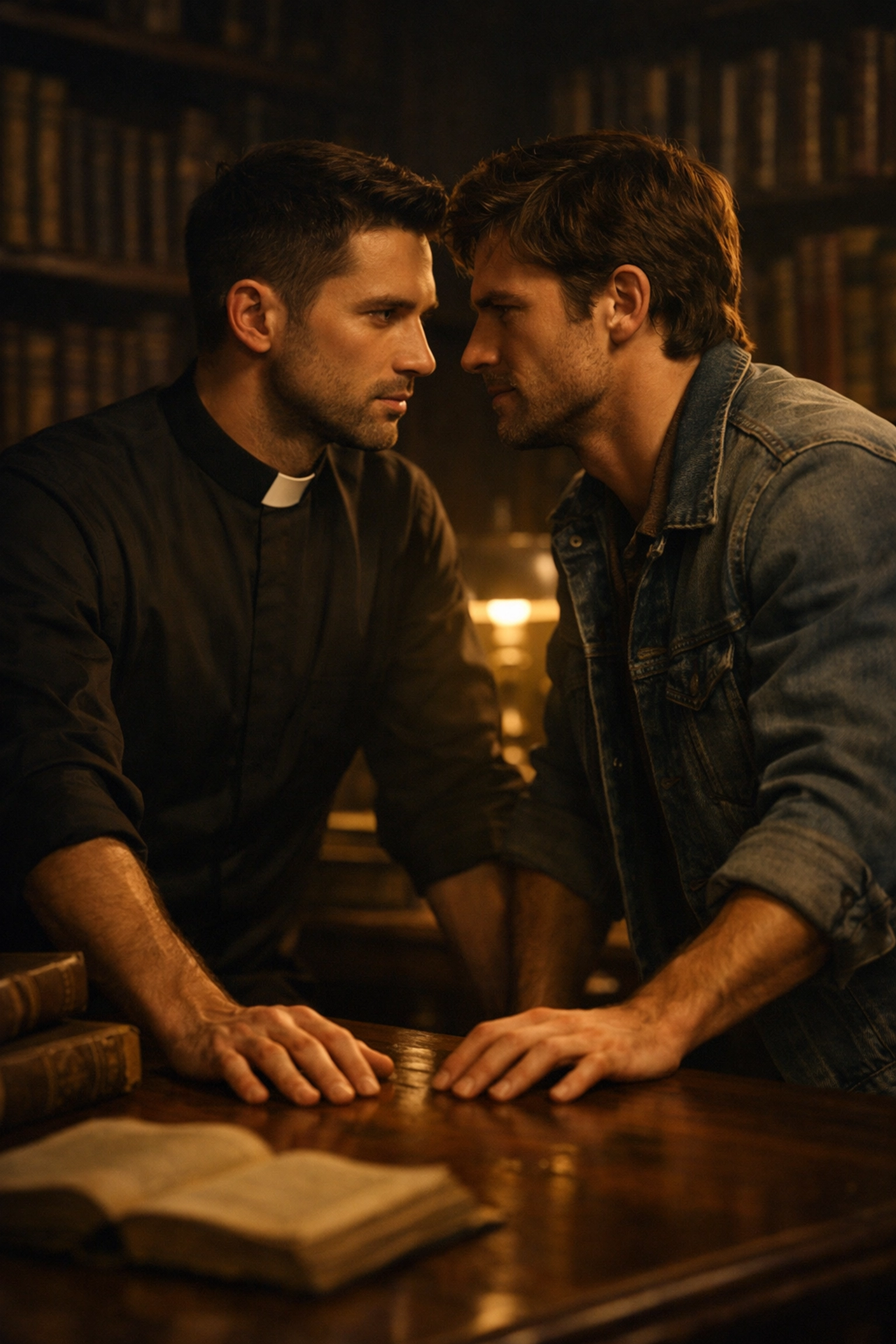 Two men, one in a clerical collar, sharing an intimate slow burn MM romance moment in a vintage library.