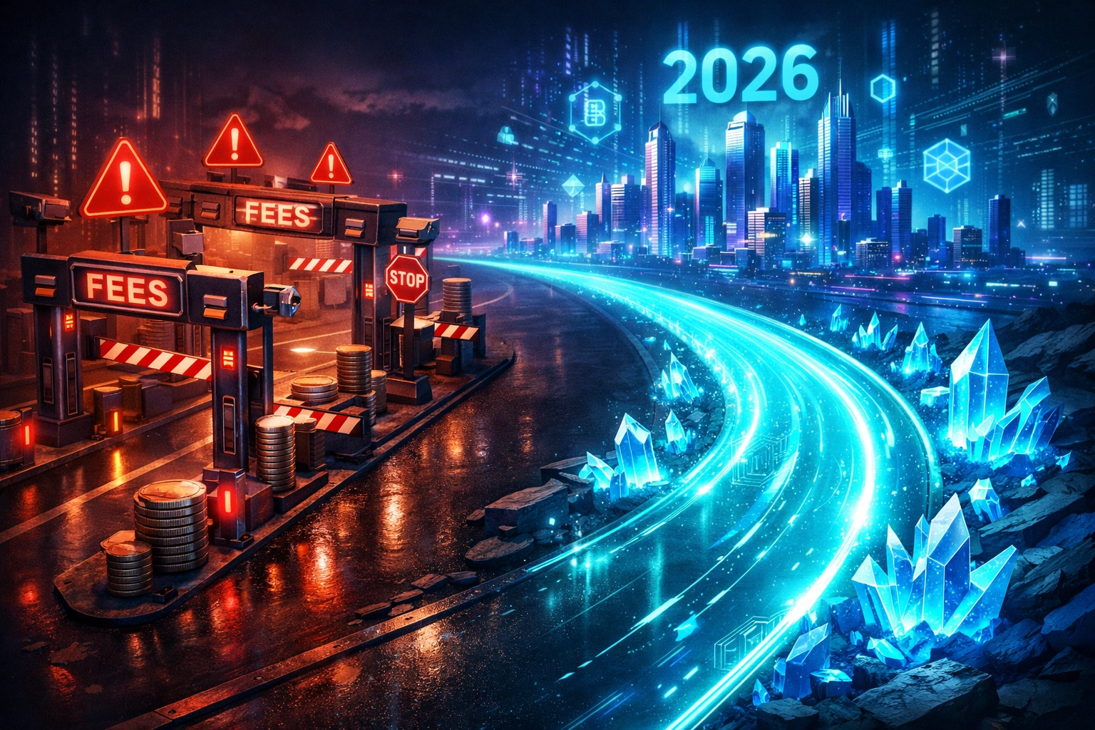 Digital landscape showing the choice between high-fee payment processors and direct, low-fee blockchain transactions.