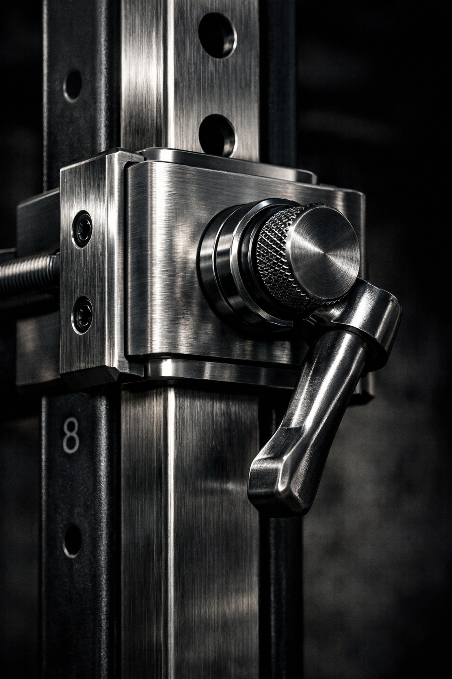 Adjustable stainless steel slider on a Resistance Rail for high-performance home gym equipment.