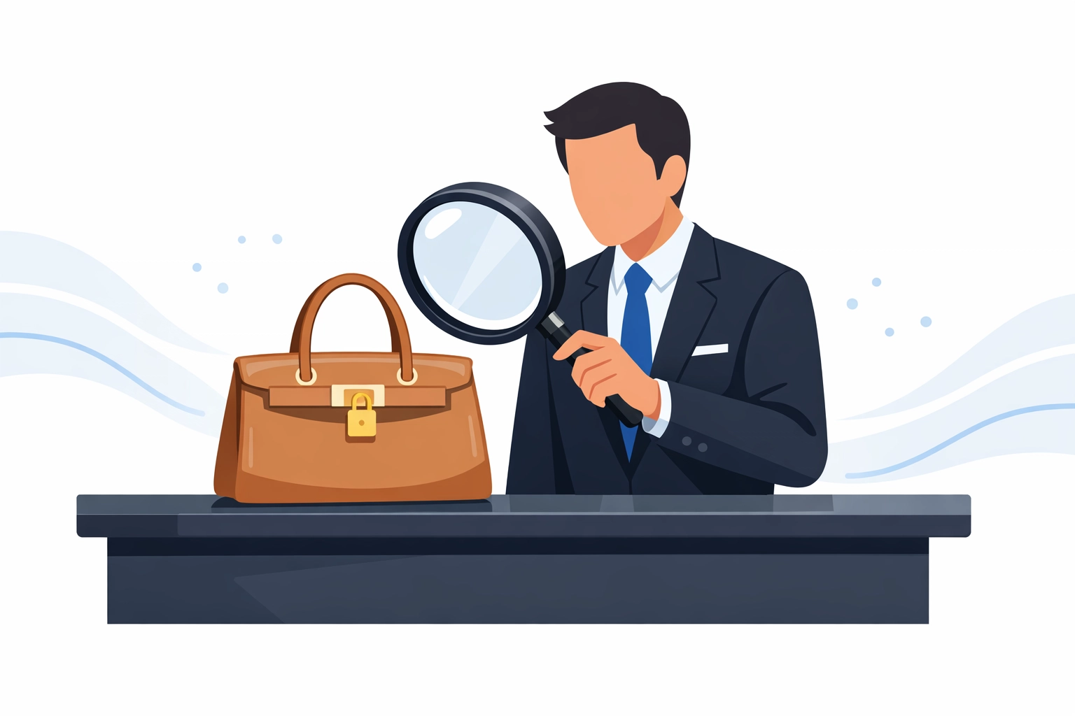 Expert performing luxury authentication on a designer handbag with a magnifying glass.