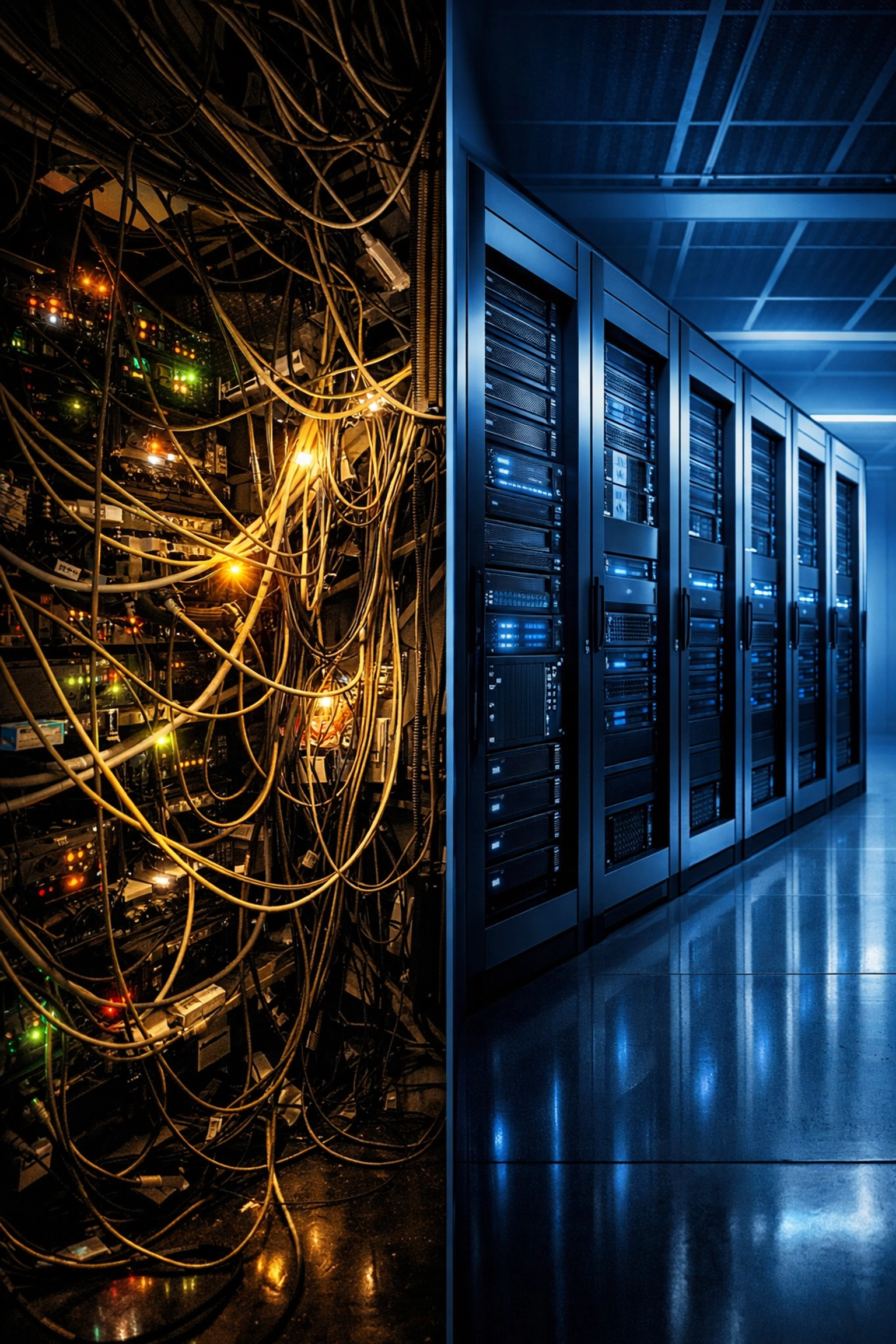 Comparison of a cluttered server room versus organized racks to improve IT infrastructure ROI.