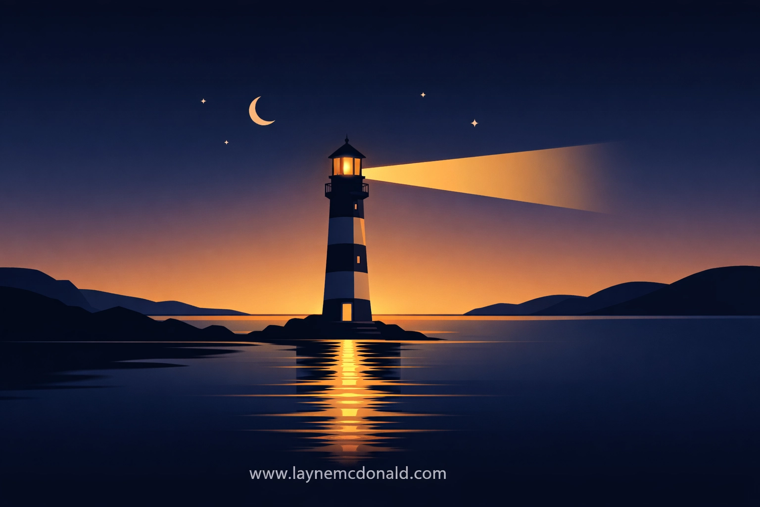 A lighthouse beam illuminating a safe path over water, symbolizing an emotionally safe and welcoming church space.