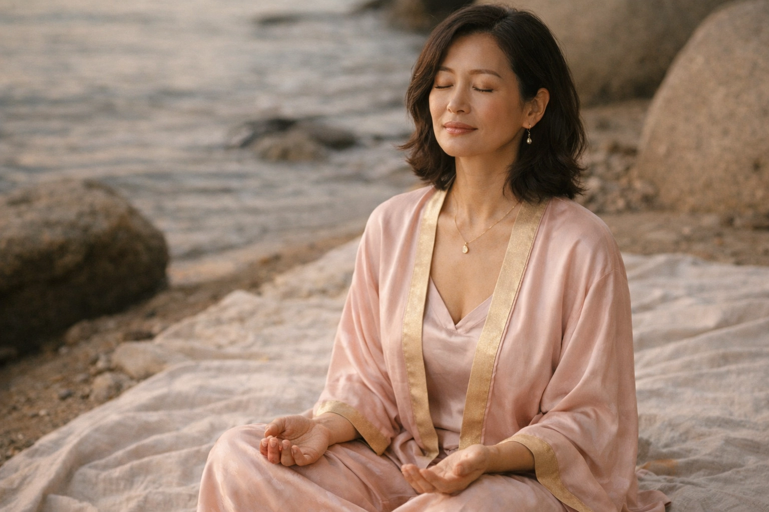 A woman practices nervous system regulation and inner mastery in a serene, grounded state of presence.