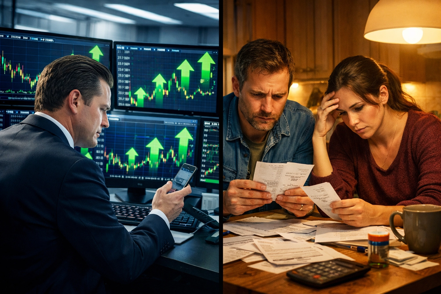 Contrast between Wall Street gains and middle-class families facing economic struggles