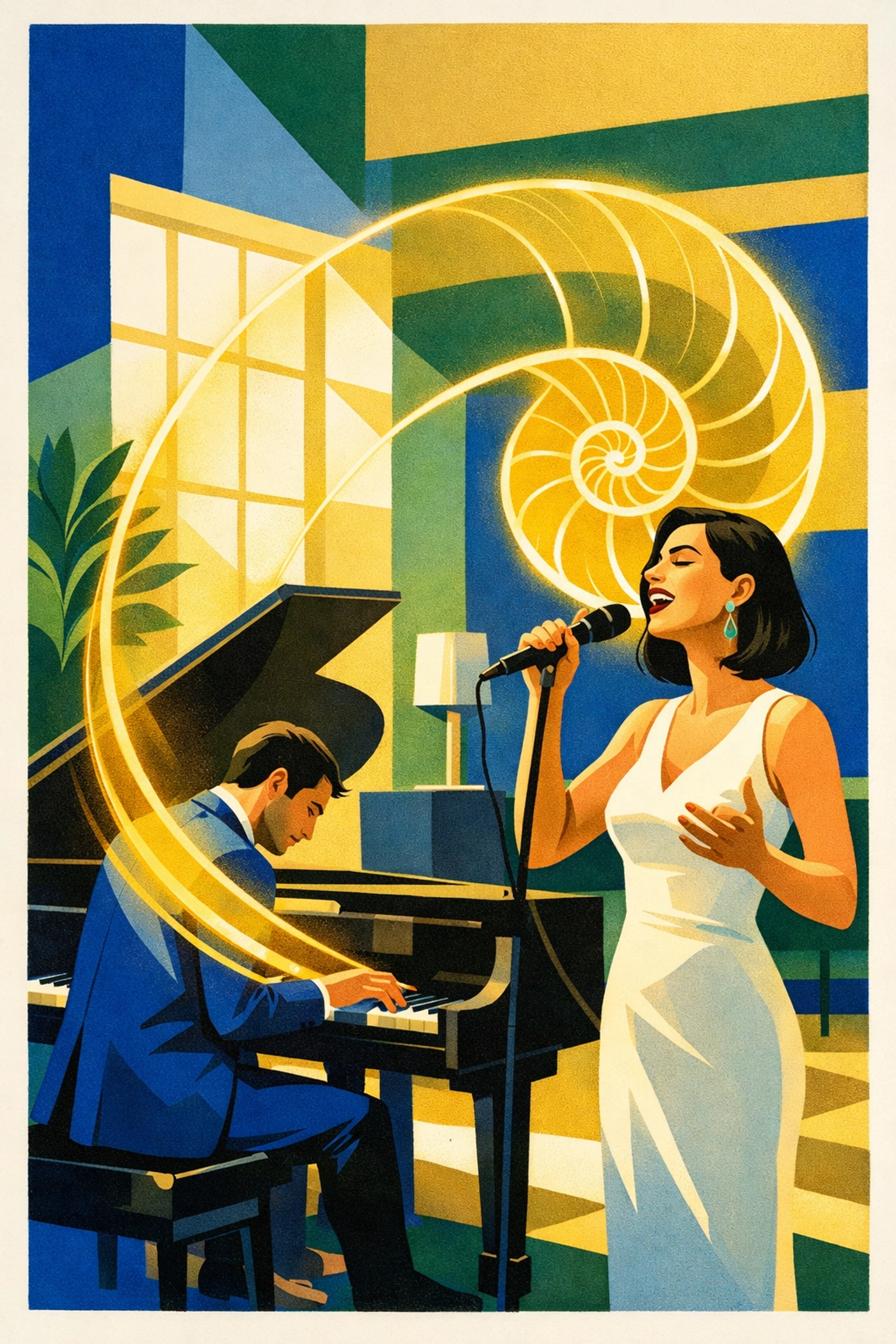 Vocalist and pianist performing with a golden spiral representing the golden ratio in music education.