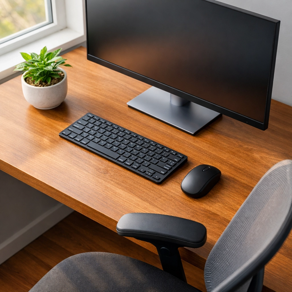 Clean office workstation with a dust-free desk and ergonomic chair illustrating professional maintenance.