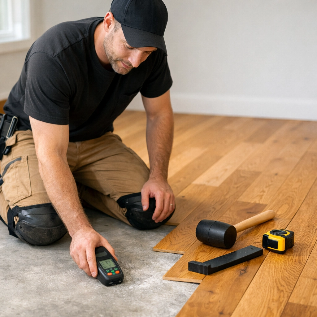 Chicago hardwood flooring contractor testing subfloor moisture during installation
