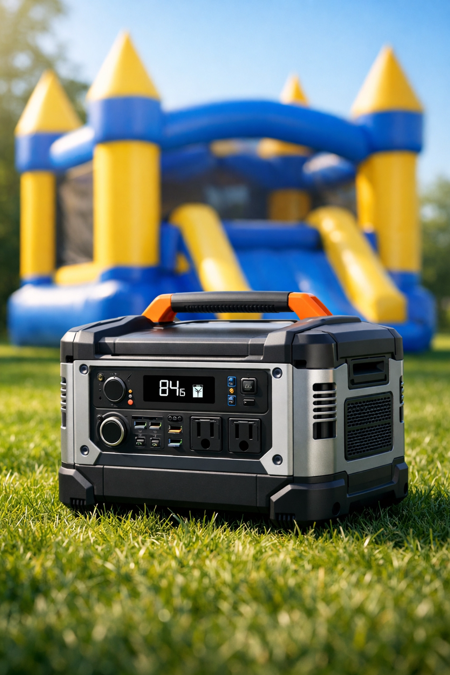 Reliable portable generator rental for powering inflatable party rentals in the Courtenay area.