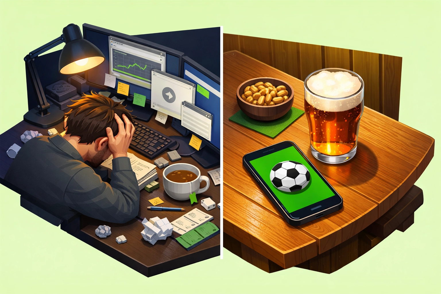 Stressed manual betting vs. a clean smartphone workspace with automated in-play football alerts.