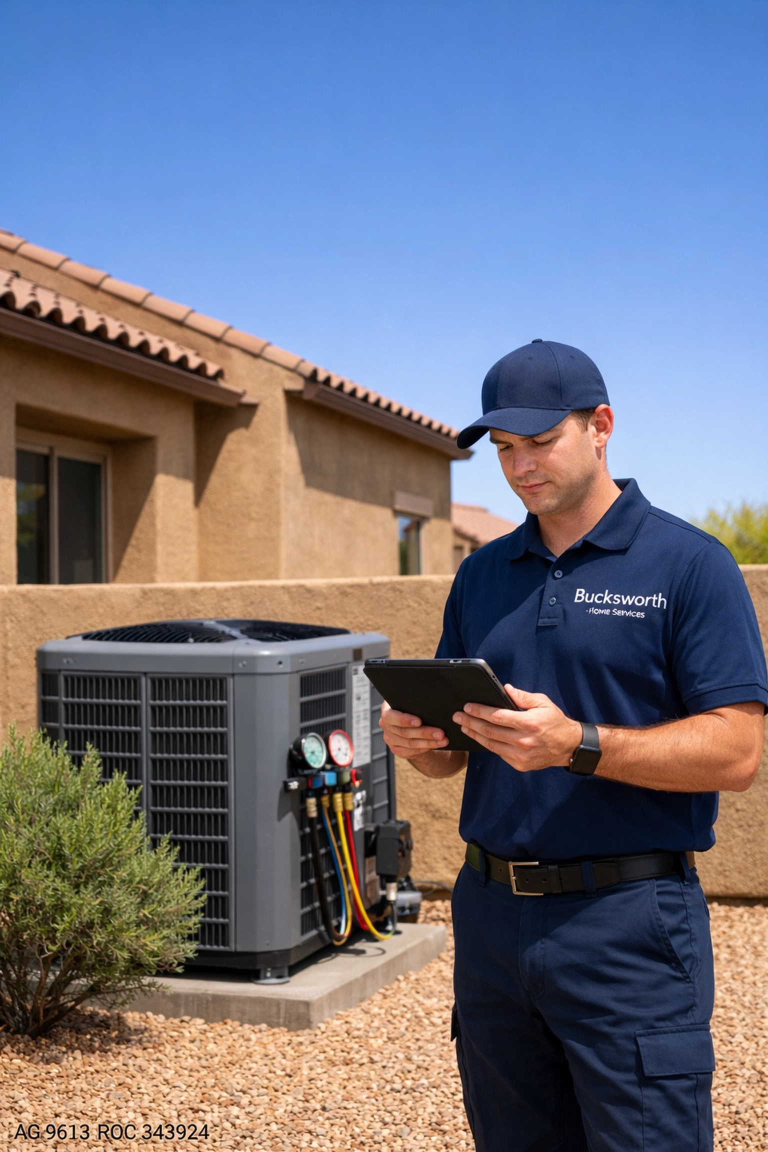 Bucksworth technician performing professional AC maintenance on a residential unit in Tempe.