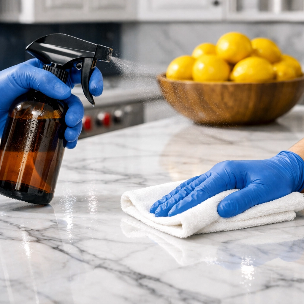 Eco-friendly house cleaning service in Concord sanitizing a luxury marble kitchen island.