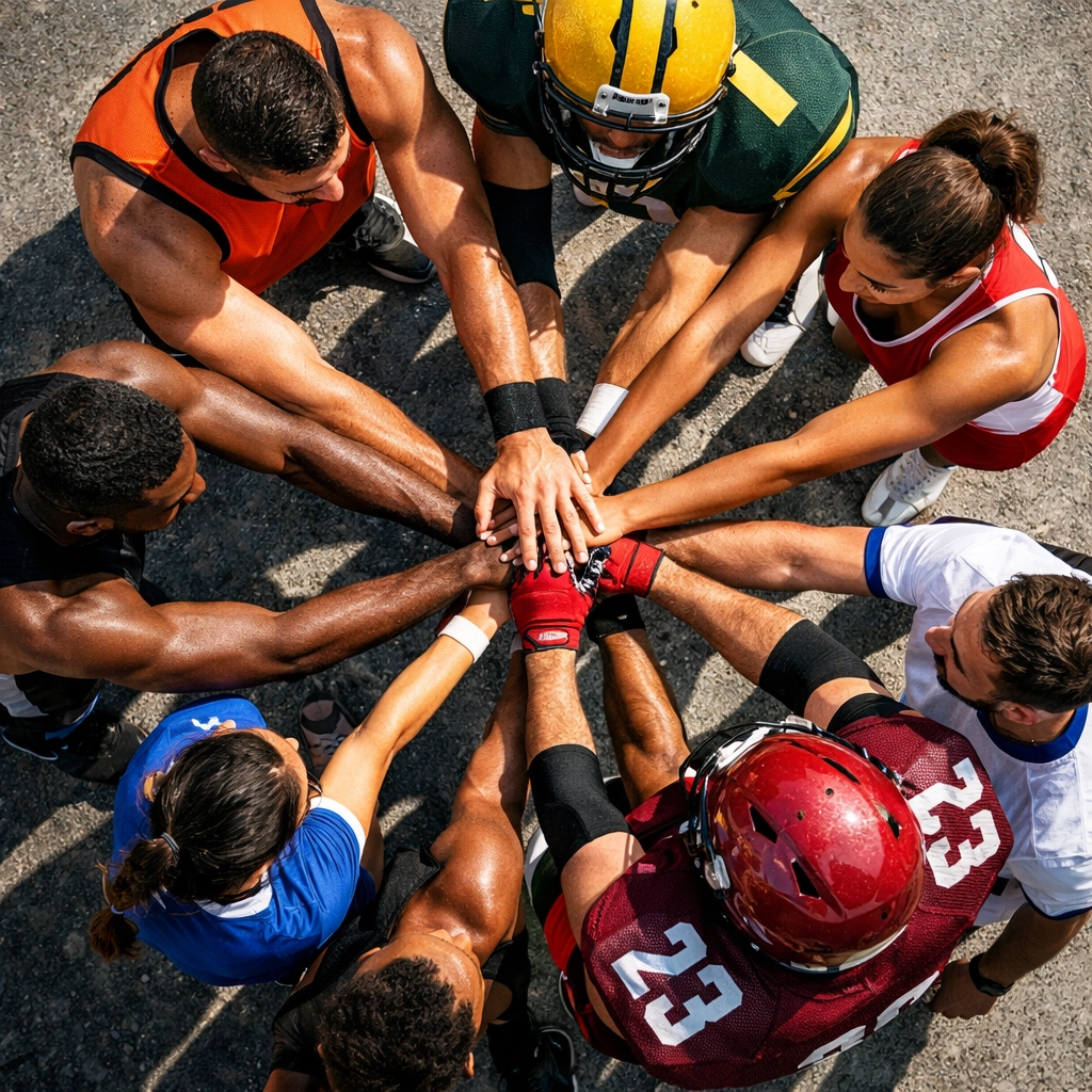 Diverse athletes from multiple sports joining hands in team unity circle formation