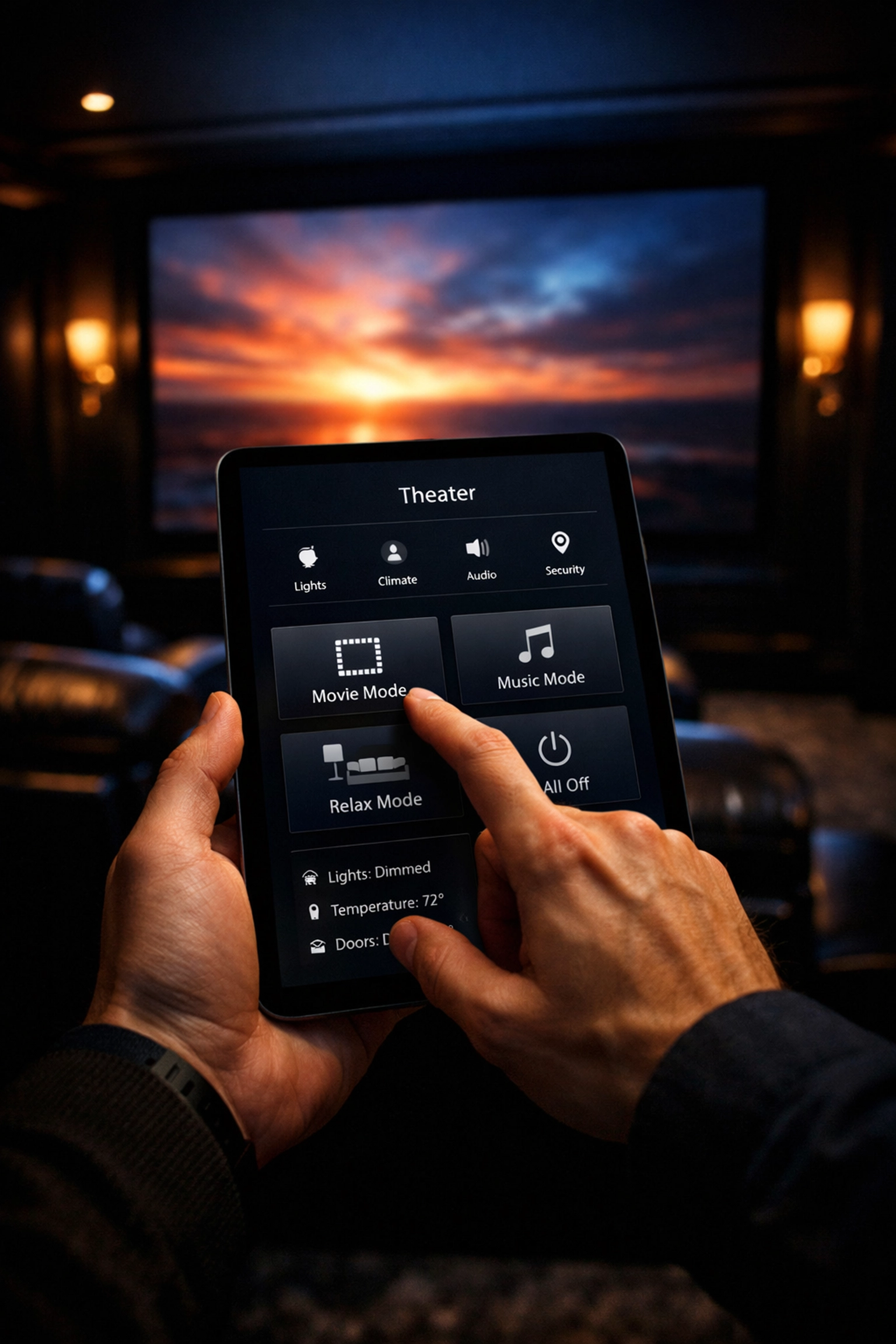 Handheld smart tablet controlling a custom home theater system with seamless one-touch automation.