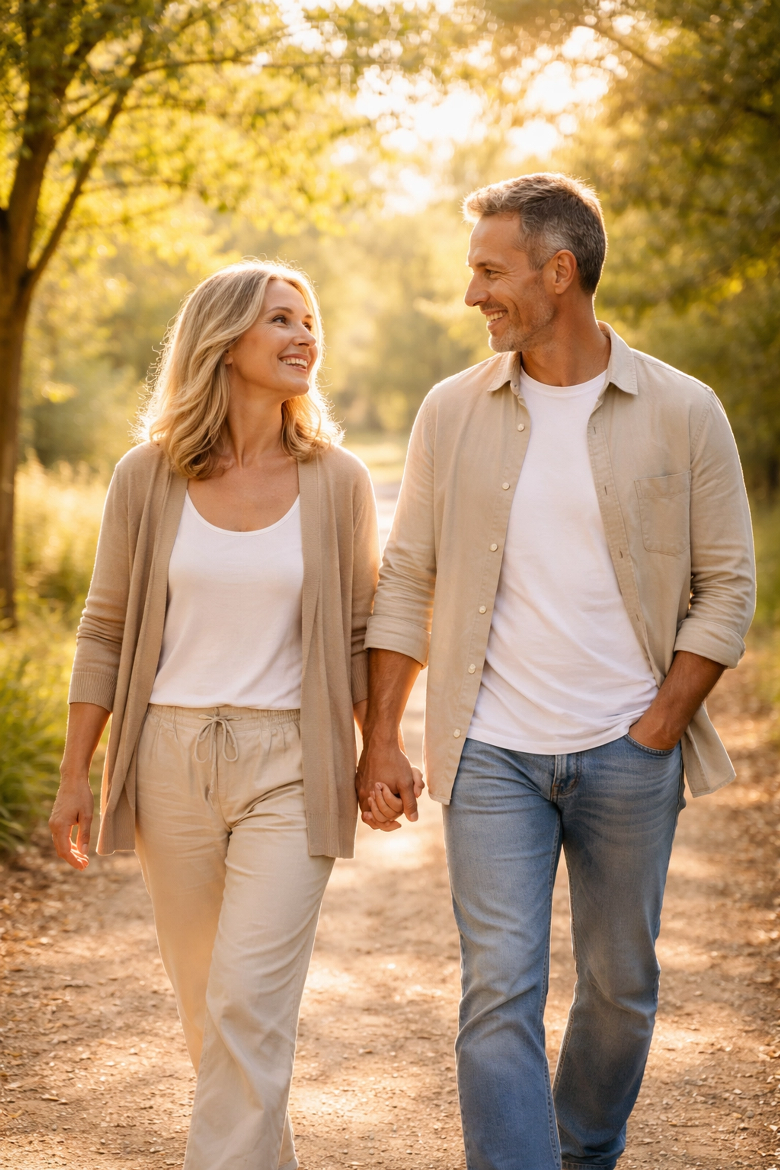 Middle-aged couple walking hand-in-hand outdoors, showing peace of mind from life and AD&D insurance.