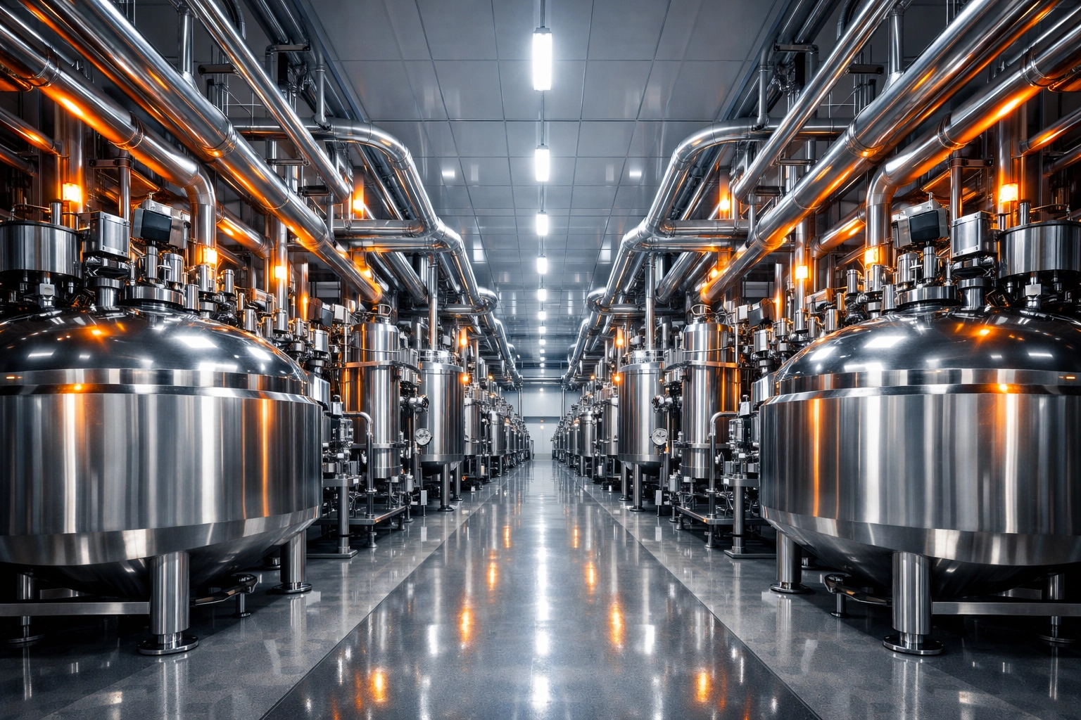 Modern GMP-certified supplement manufacturing facility with industrial stainless steel mixing tanks.