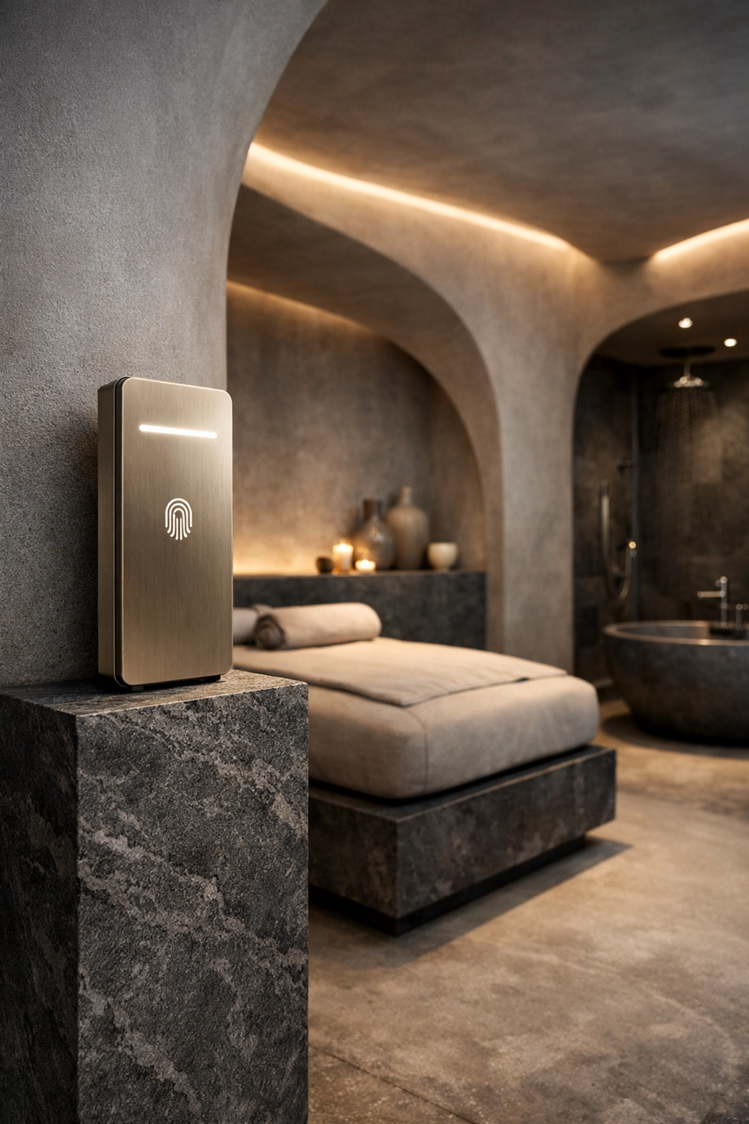 High-tech wellness spa interior with a biometric scanner representing innovation tourism.
