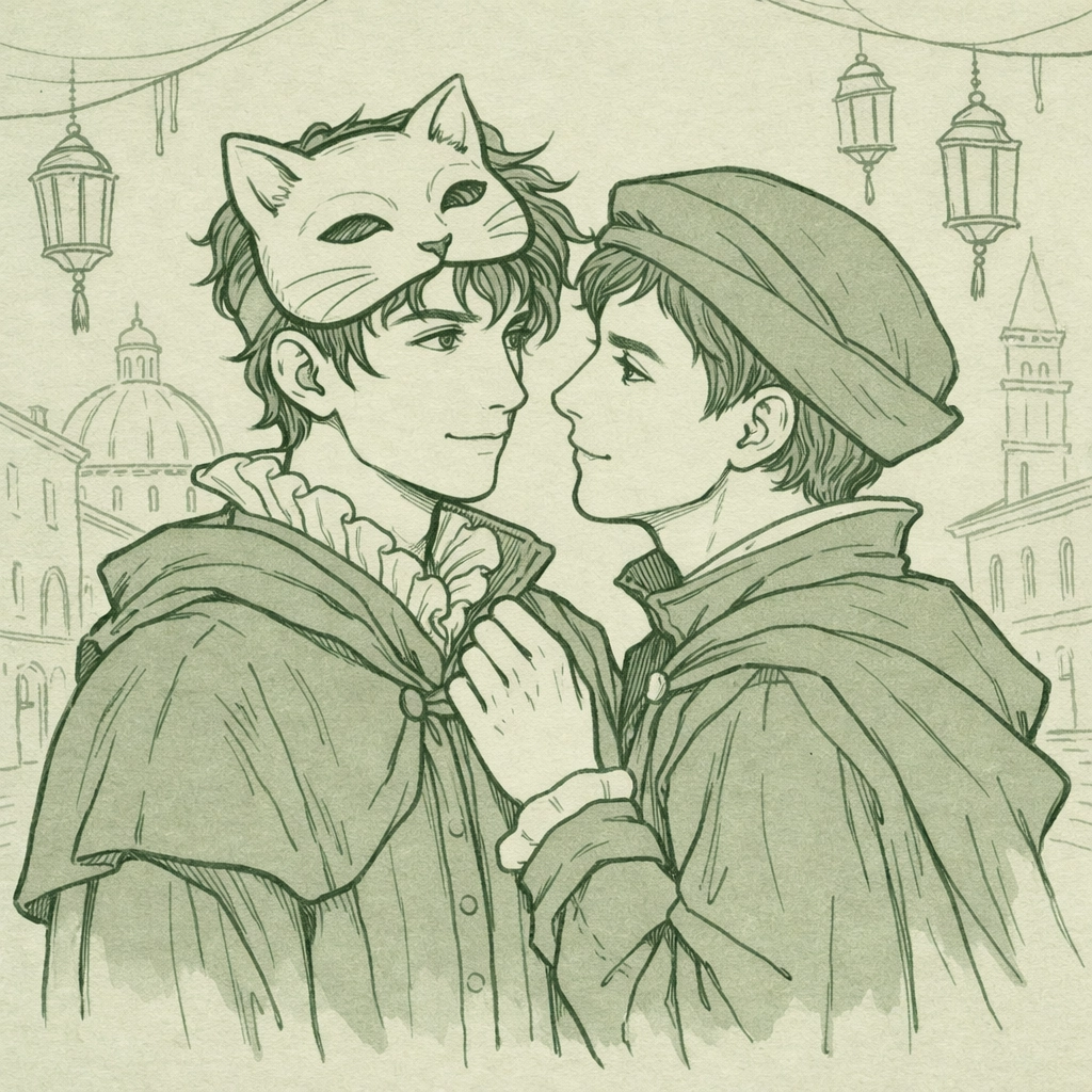 Two men in 16th century Venice during Carnival, one wearing gnaga cat mask, gay historical romance