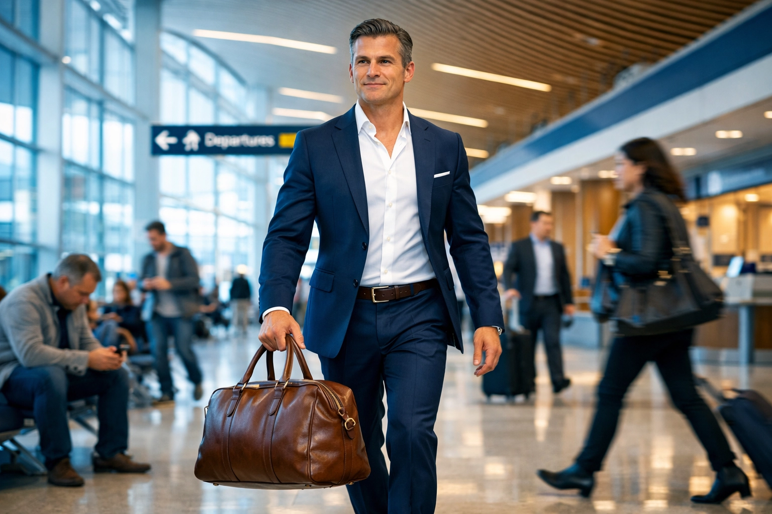 A corporate athlete training result: energized executive walking through an airport terminal.