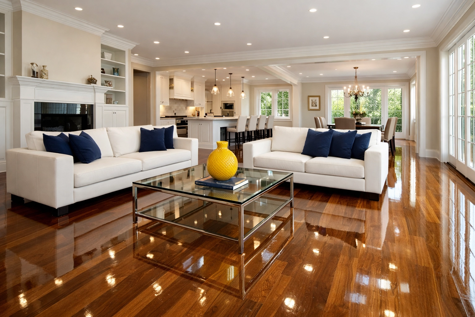 Immaculate living room with polished hardwood floors following a professional Westford deep cleaning.