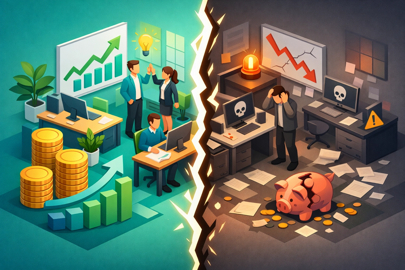 Small business before and after a cybersecurity breach showing financial devastation