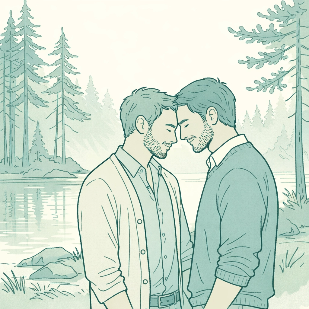 LGBTQ+ couple at intimate Nordic forest wedding surrounded by nature and lake