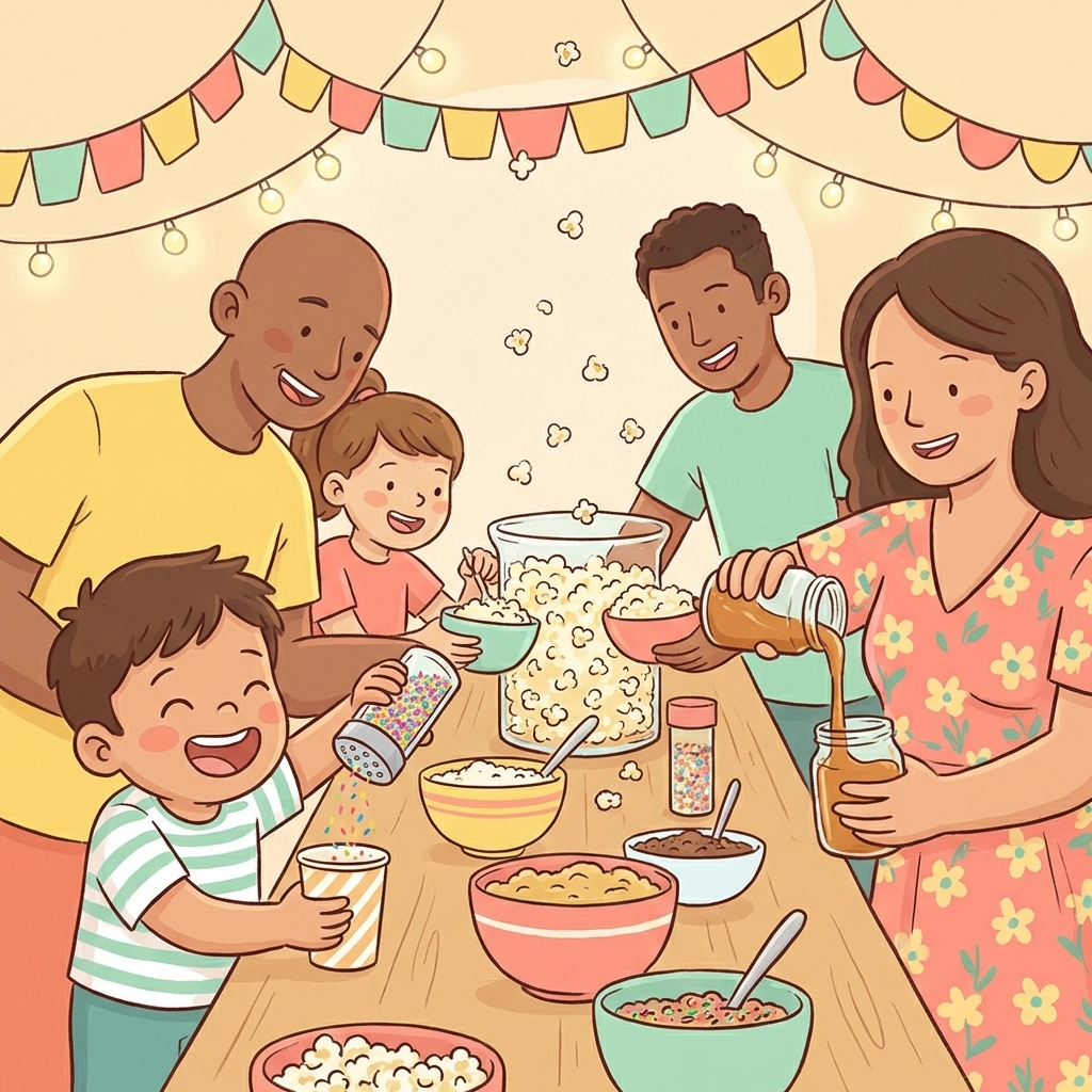 Guests happily making popcorn creations at an interactive popcorn bar serving allergy-friendly gourmet popcorn.