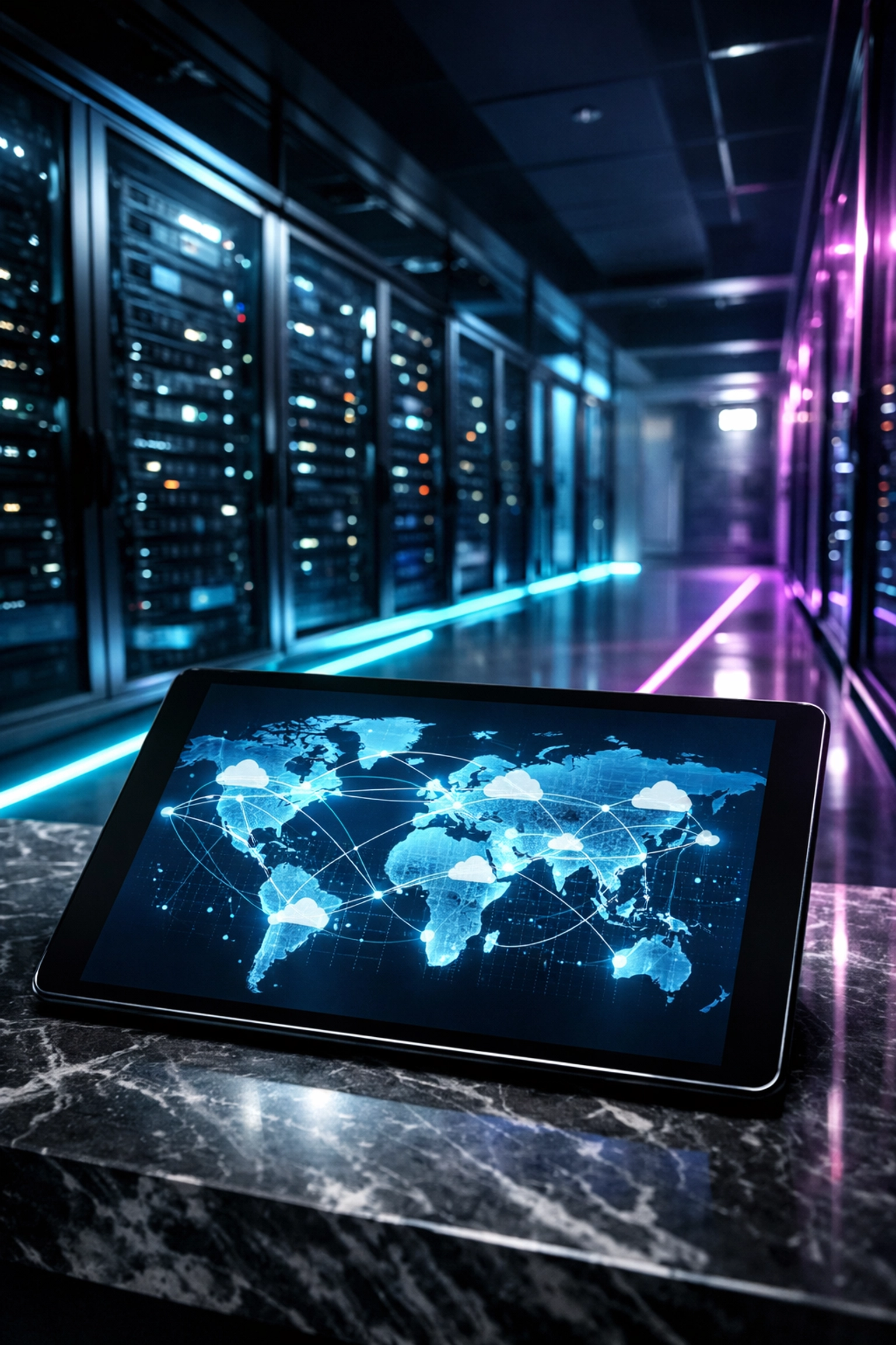 Modern server room with a tablet displaying cloud connectivity and data analytics visualization.