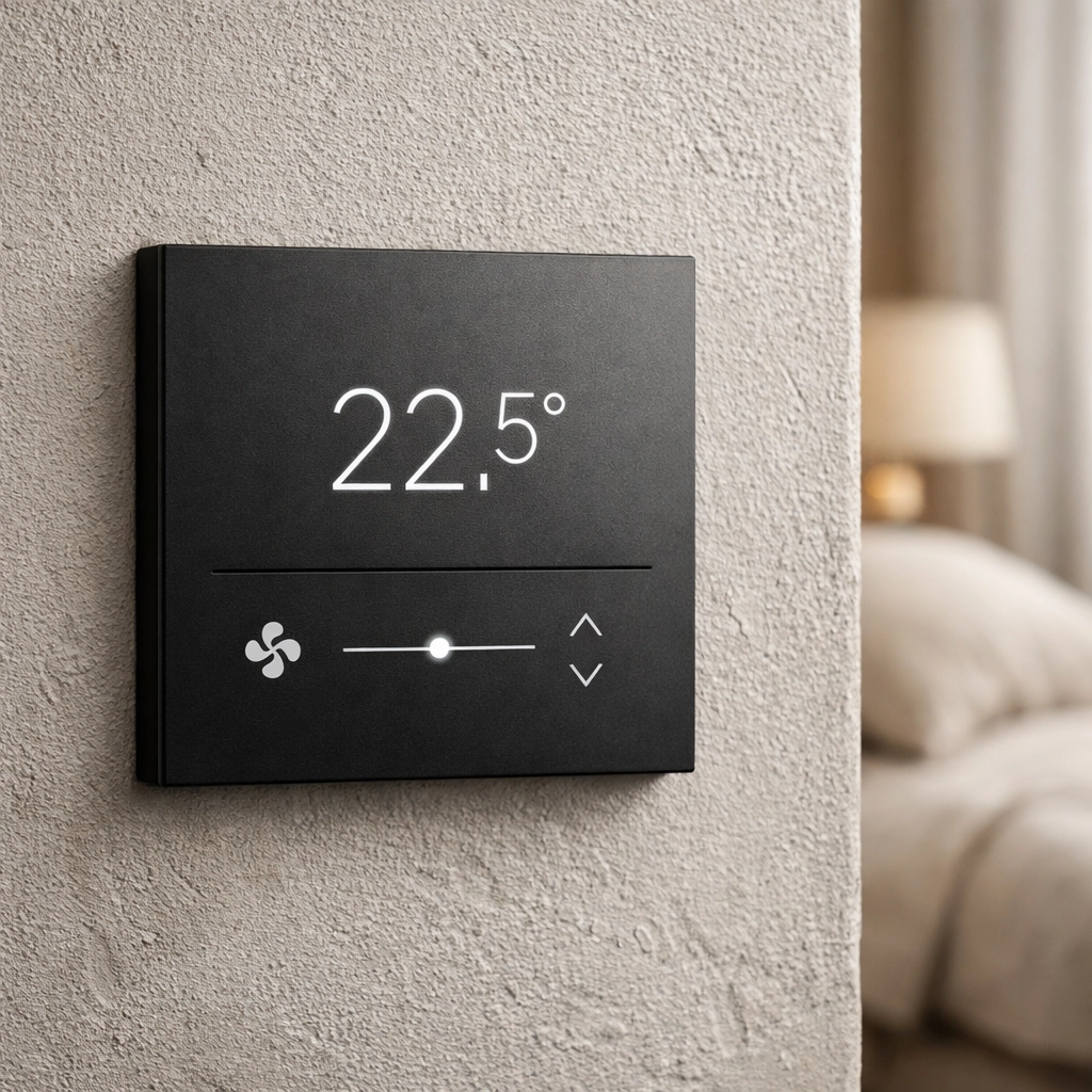 Smart hotel room climate control interface demonstrating predictive hospitality for maintenance.