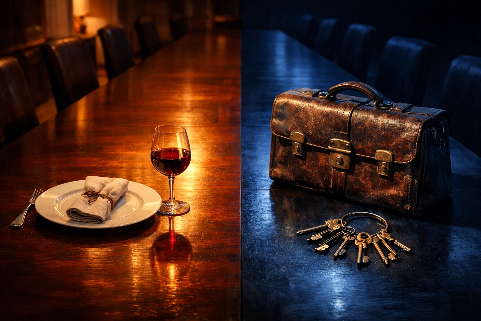 A dining table split between a family meal and a business briefcase, symbolizing family business succession planning.