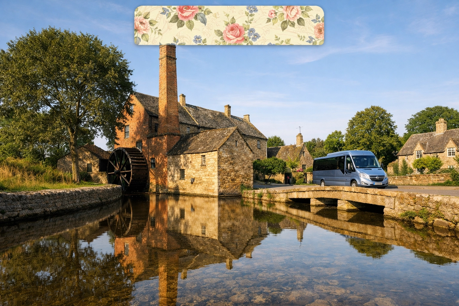 The historic Old Mill in Lower Slaughter with its waterwheel reflecting in the River Eye.