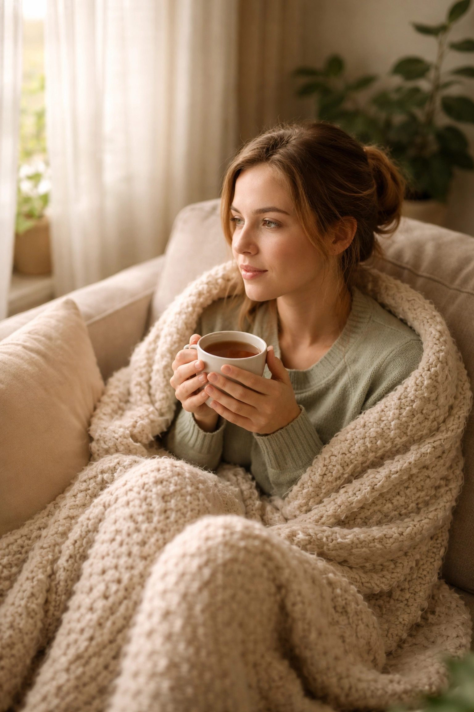 A hopeful mother practicing stress management for moms, relaxing on a couch to support nervous system regulation.