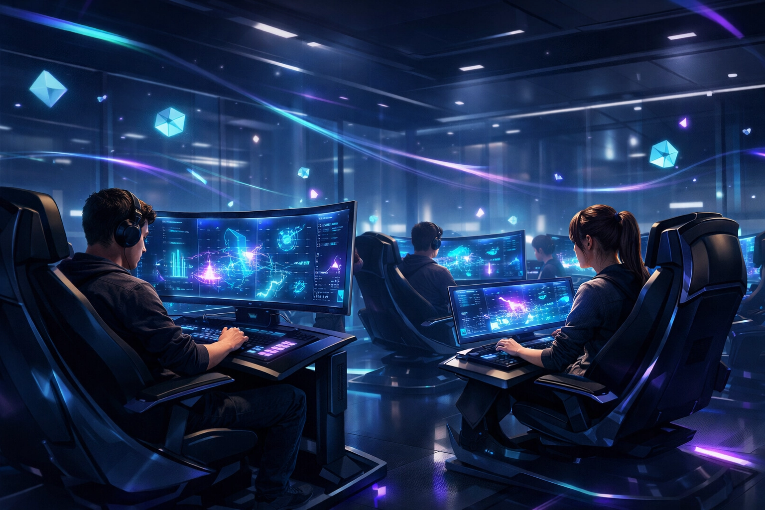 Futuristic Cloud Lab featuring high-tech gaming pods for AI literacy training and student talent recruitment.