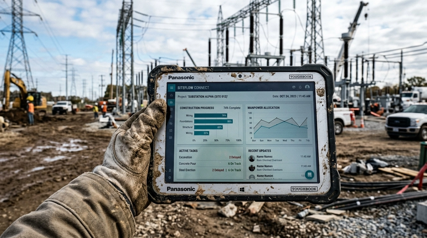 A muddy tablet on a construction site showing a project management dashboard.
