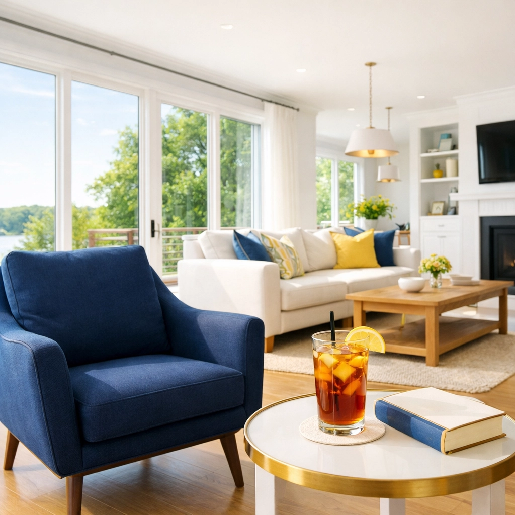 Clean, sunny Lunenburg living room with polished floors, showing the freedom of a weekly house cleaning schedule.