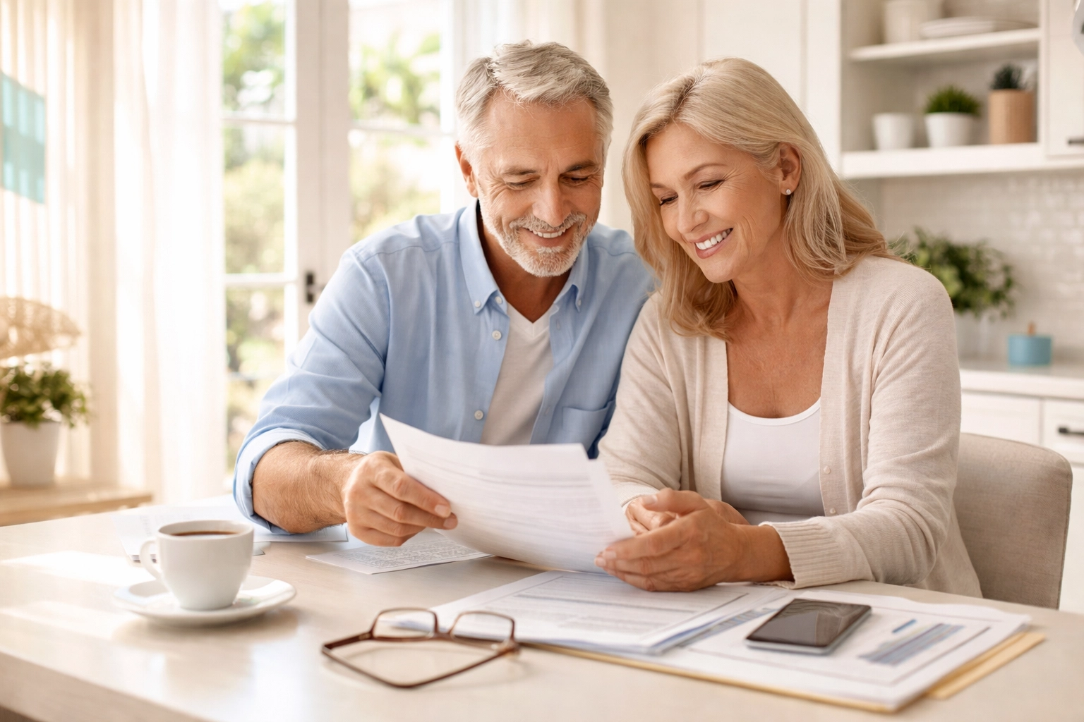 Smiling retired couple reviewing paperwork in a bright Florida kitchen, reflecting new 2026 senior tax deductions and planning