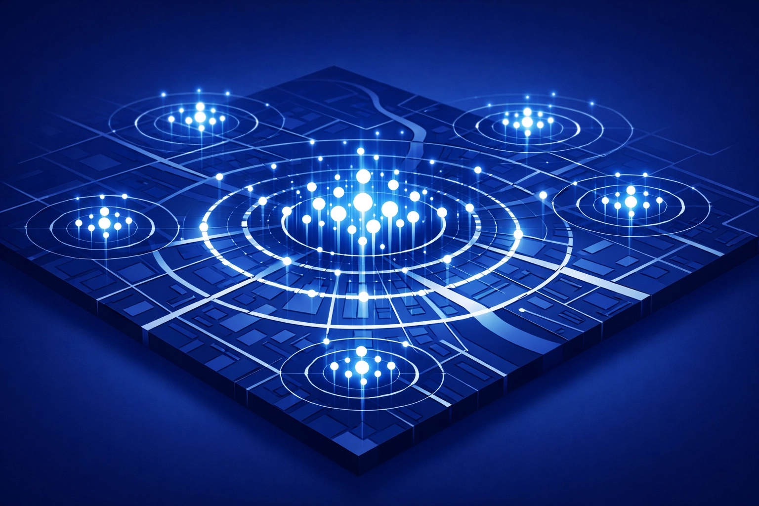 Isometric digital map showing geographic scaling and localized content automation for regional SEO.