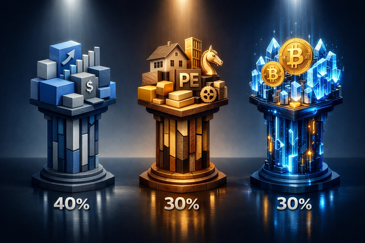 Modern portfolio allocation model showing traditional assets, alternatives, and digital investments