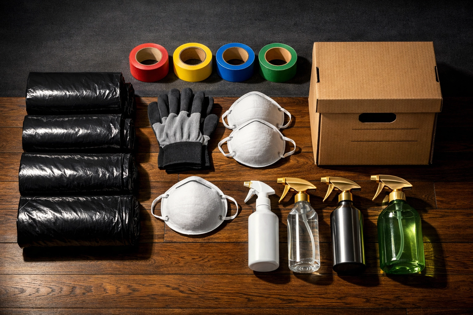 Essential home cleanout supplies including bags, gloves, and colored tape for Columbus project