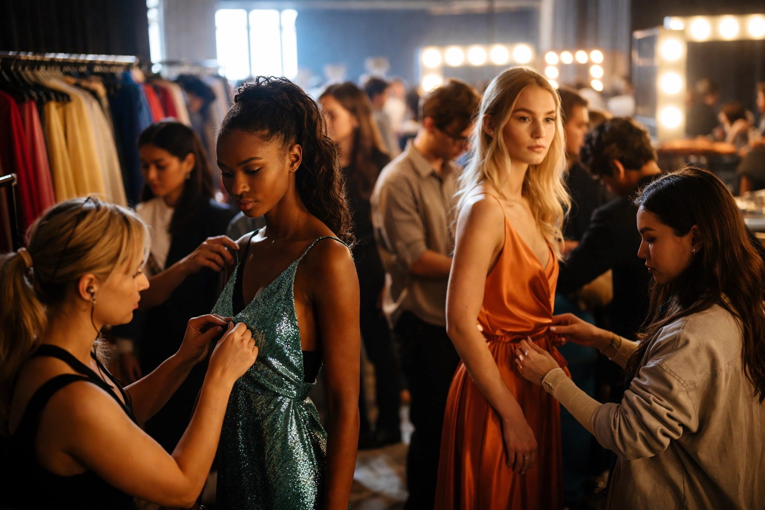 Backstage at Fashion Week with emerging designers preparing models, racks of colorful garments, and makeup stations