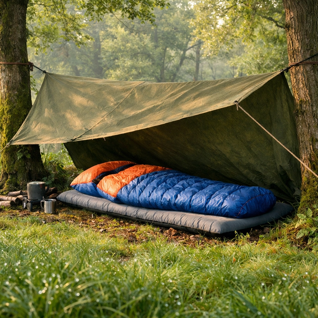 UK wild camping shelter with tarp, down sleeping bag and inflatable mat in woodland