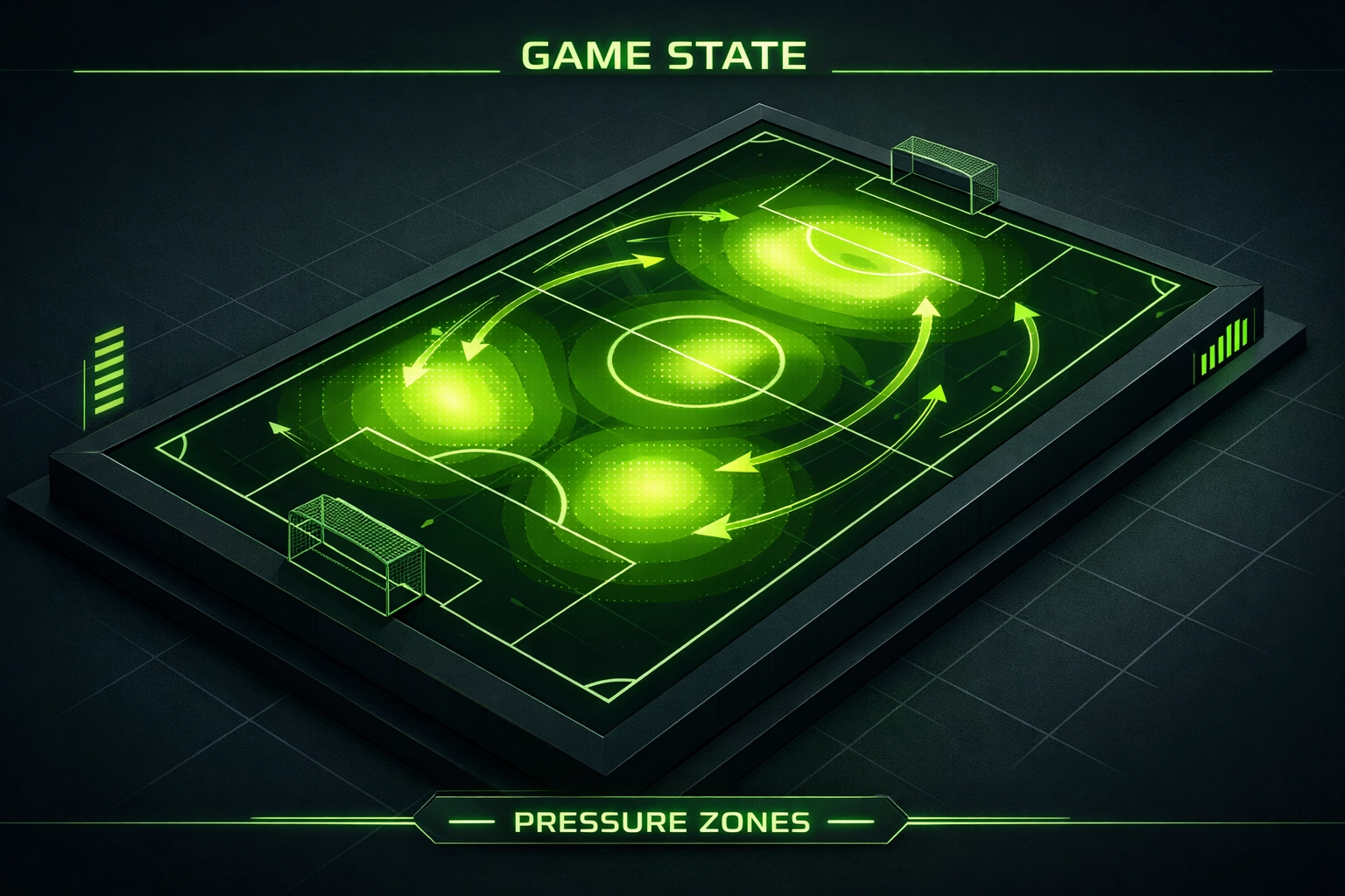 Advanced AI heat maps of a football pitch illustrating game state for professional bettors.