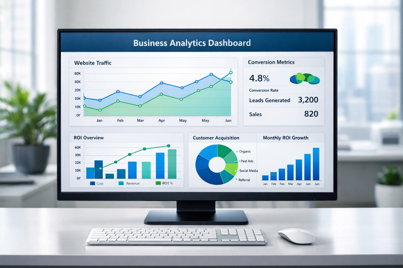 Business analytics dashboard displaying marketing ROI metrics and brand awareness data