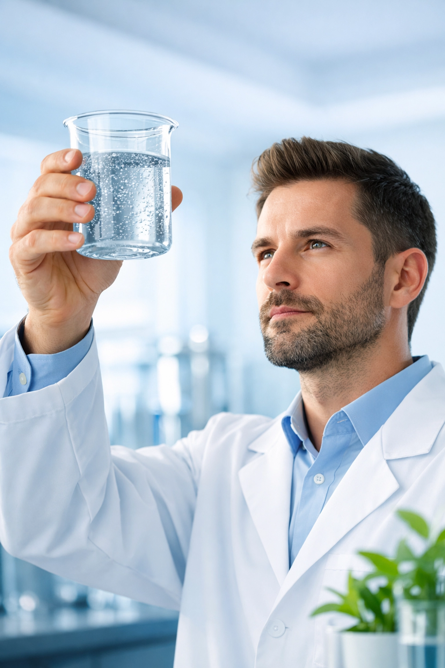 Scientist holding electrolyzed water for eco-friendly commercial disinfection