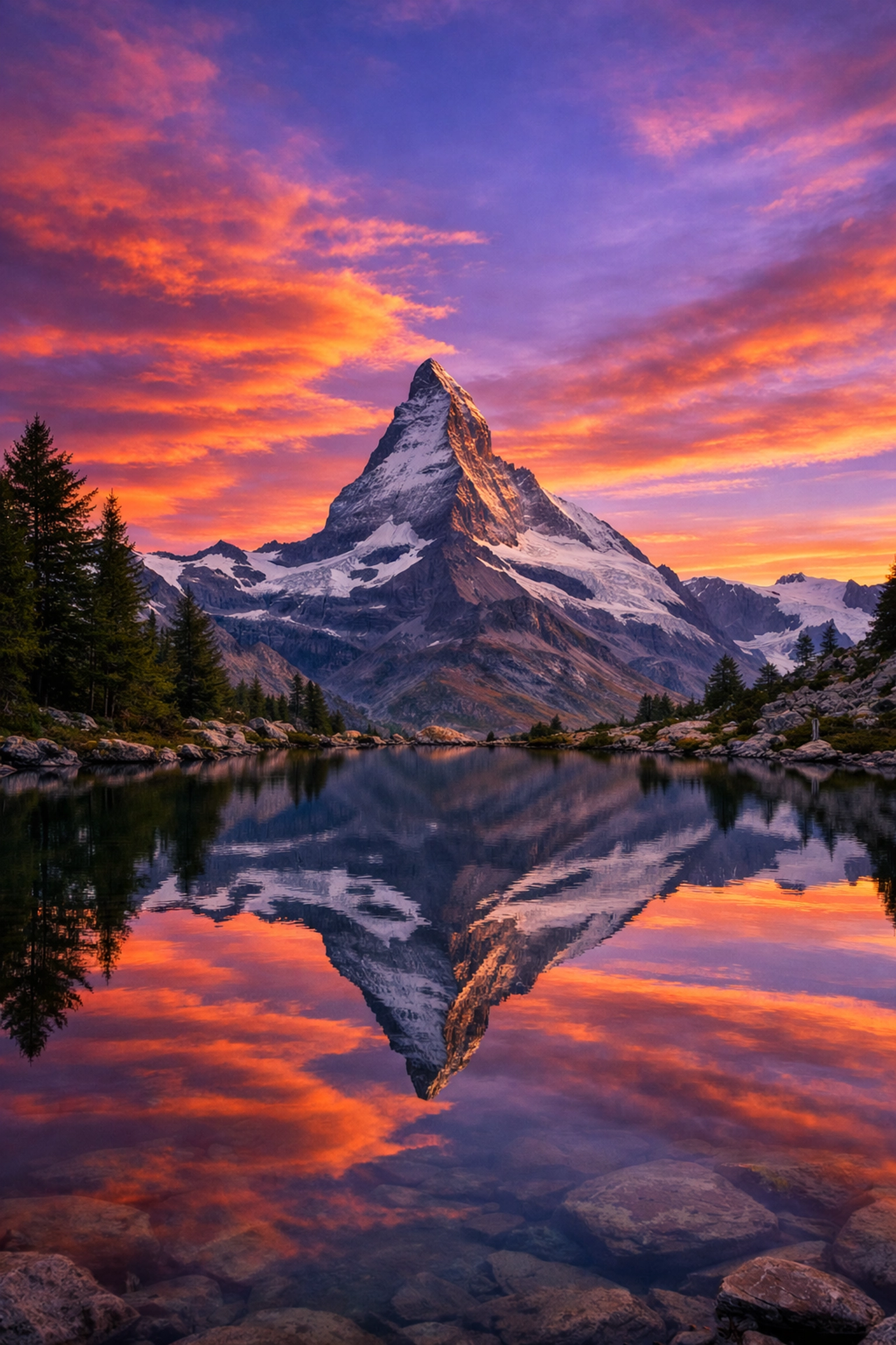 Vibrant mountain sunset landscape showcasing AI noise reduction and sky enhancement tools.