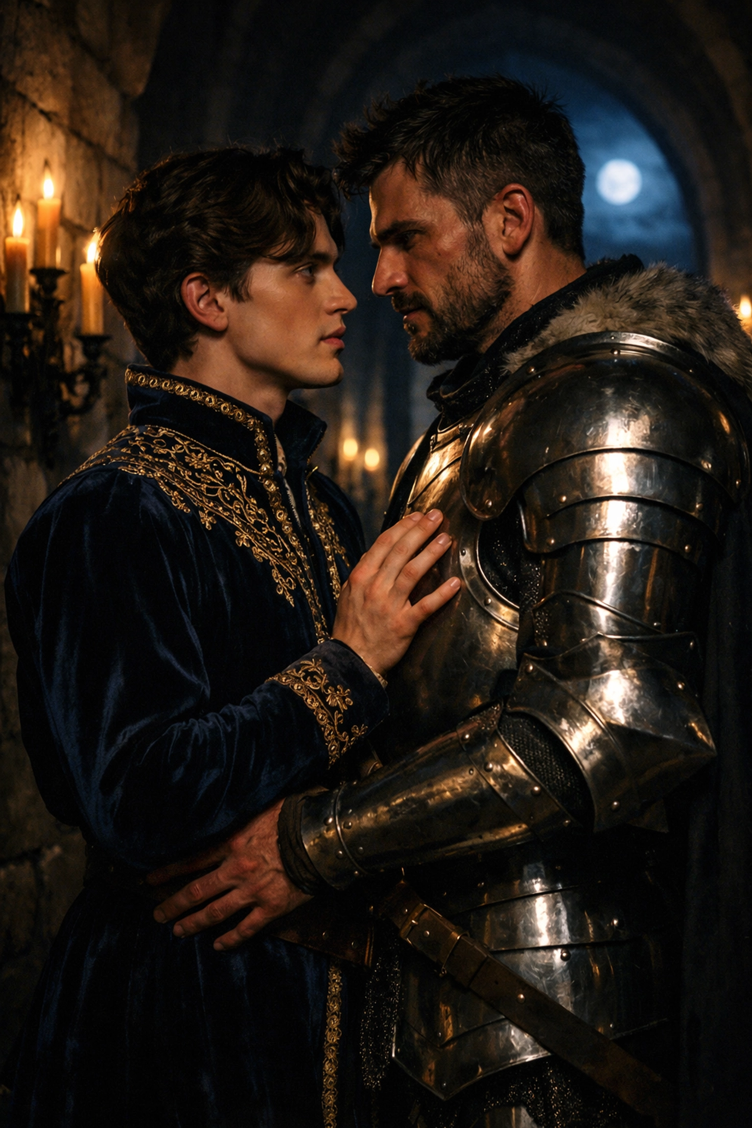 A royal prince and his armored paladin sharing a romantic moment in a candlelit historical setting.