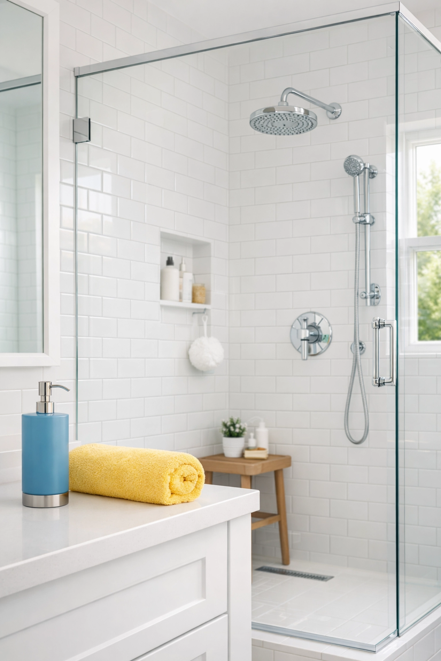 Deep cleaning Leominster MA: A sanitized, sparkling modern bathroom with clean white subway tile and glass shower.